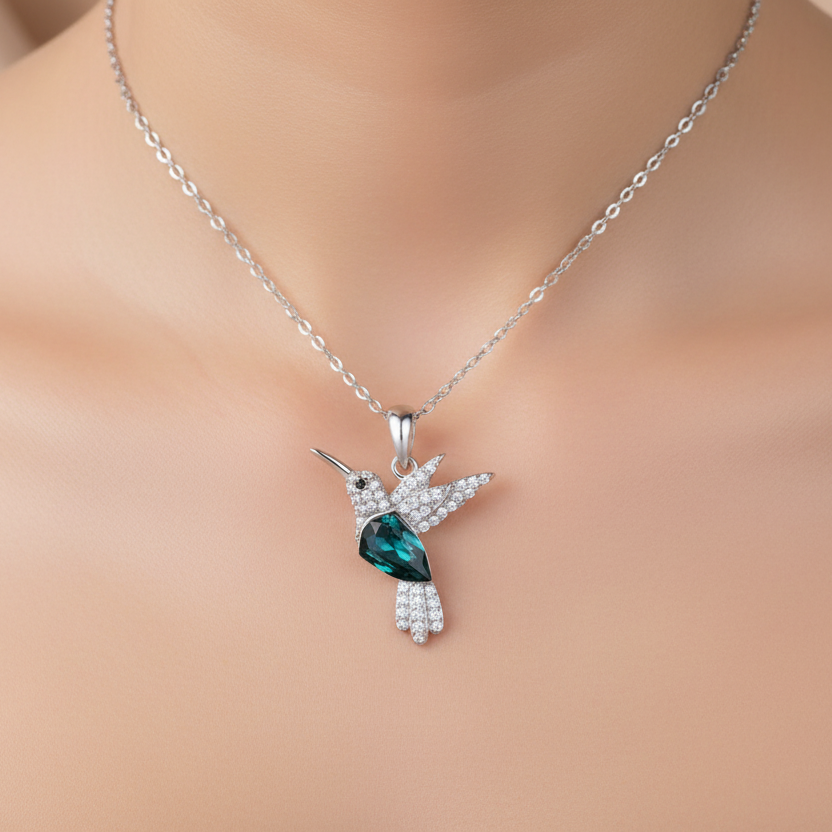 Collier pendentif colibri | Cristal émeraude et pavé | Argent S925