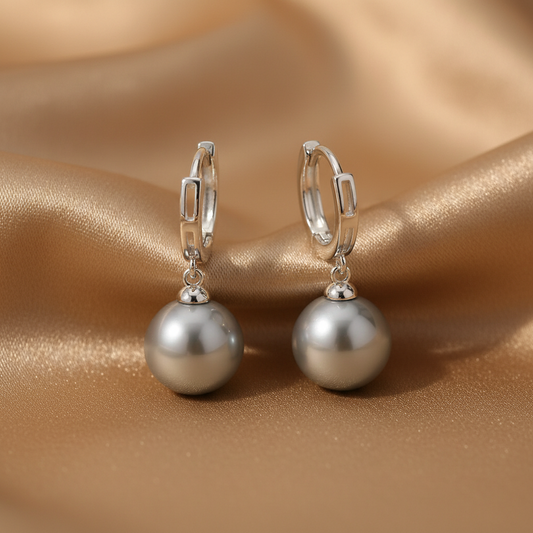 Grey Pearl Drop Hoop Earrings | S925 Sterling Silver