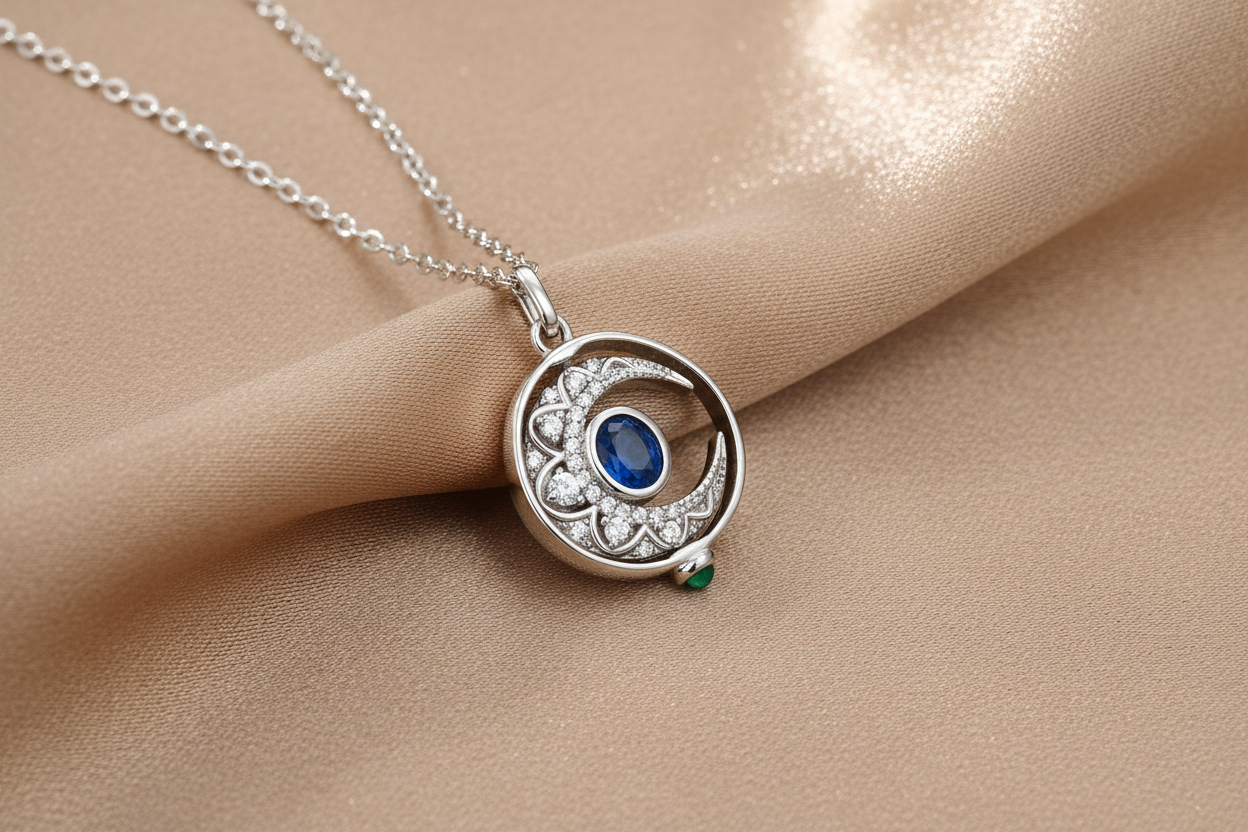 Collier Saphir Naturel Incrusté Femme Design Original Peut Faire Pivoter La Lune I Argent S925