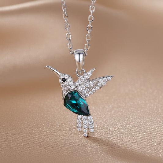 Hummingbird Pendant Necklace | Emerald Crystal & Pavé | S925 Silver