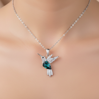 Hummingbird Pendant Necklace | Emerald Crystal & Pavé | S925 Silver