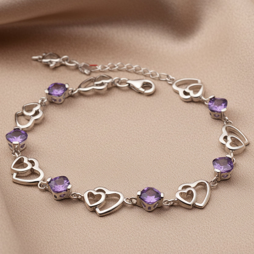 Bracelet Améthyste Double Cœur | Argent Sterling S925