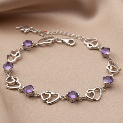 Bracelet Améthyste Double Cœur | Argent Sterling S925
