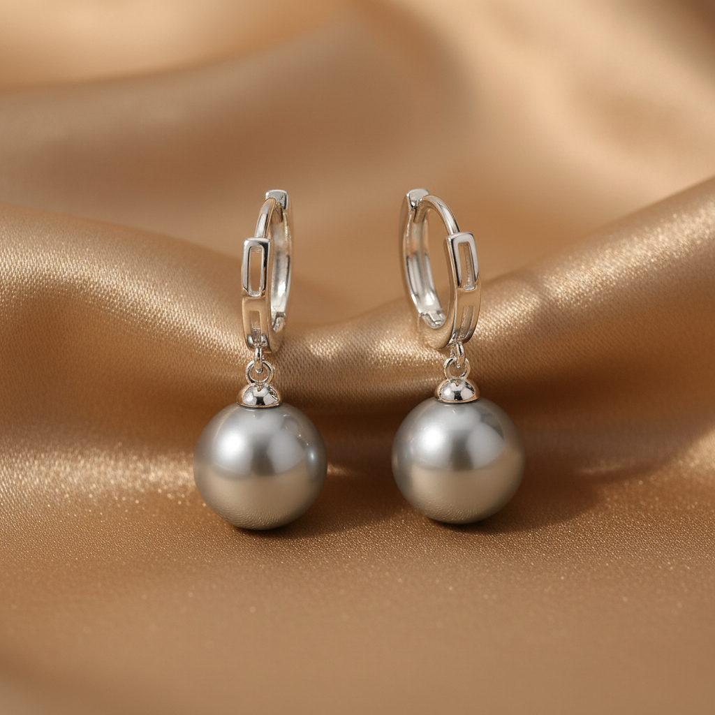 Grey Pearl Drop Hoop Earrings | S925 Sterling Silver