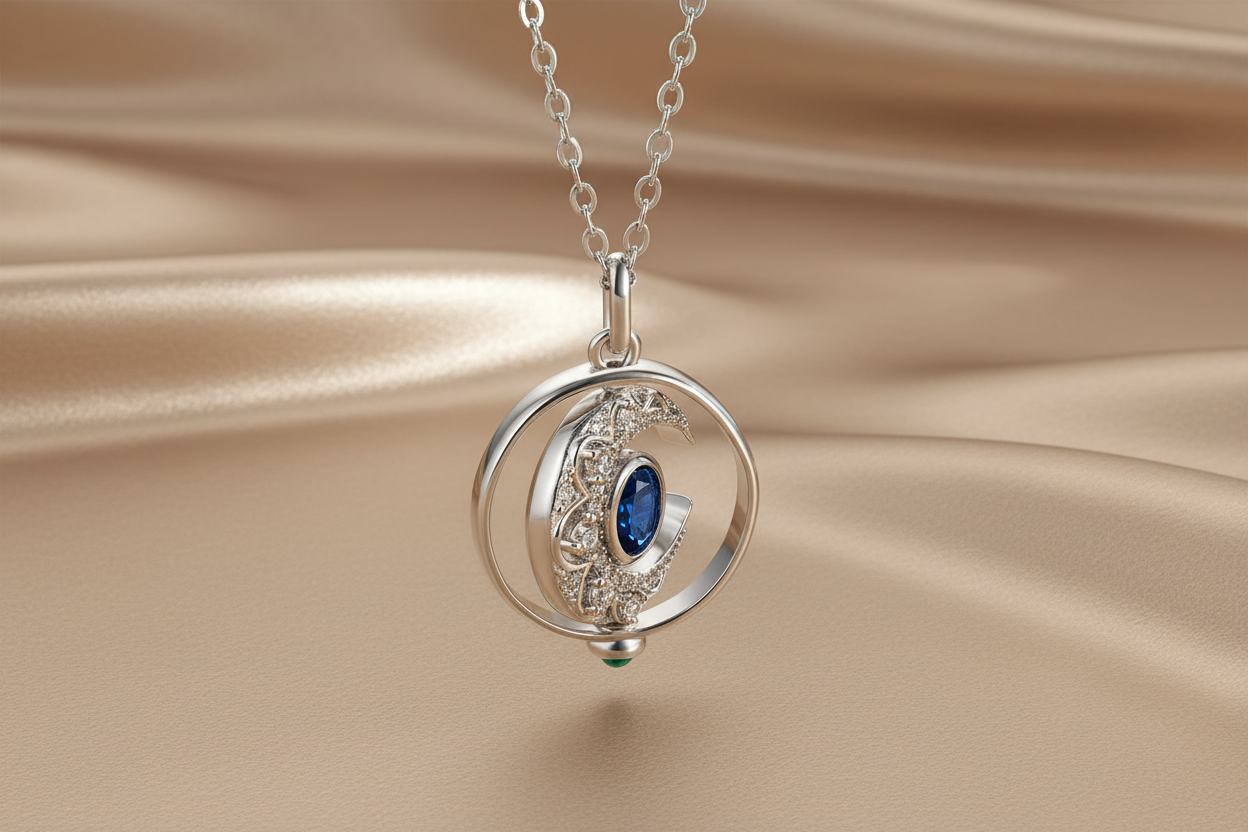 Collier Saphir Naturel Incrusté Femme Design Original Peut Faire Pivoter La Lune I Argent S925
