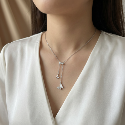 Butterfly Lariat Necklace | Mother-of-Pearl & Pavé | S925 Silver