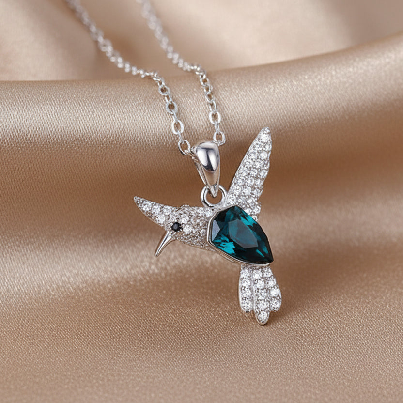 Hummingbird Pendant Necklace | Emerald Crystal & Pavé | S925 Silver