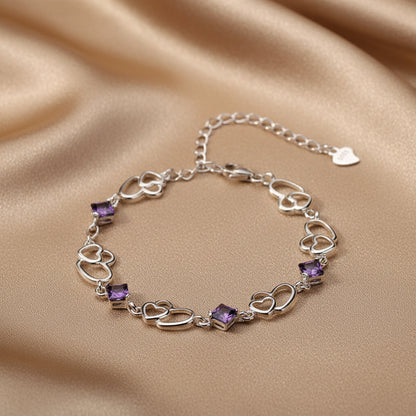 Bracelet Améthyste Double Cœur | Argent Sterling S925