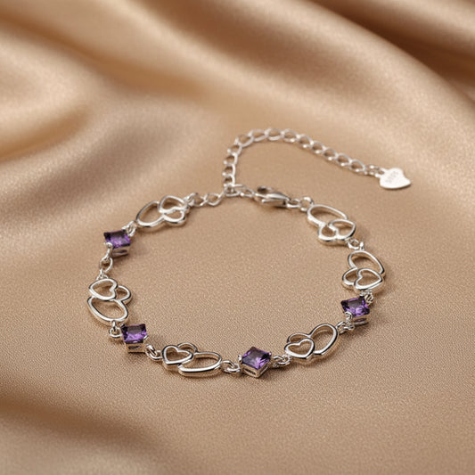 Double Heart Amethyst Bracelet | S925 Sterling Silver