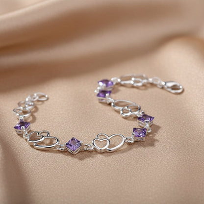 Bracelet Améthyste Double Cœur | Argent Sterling S925