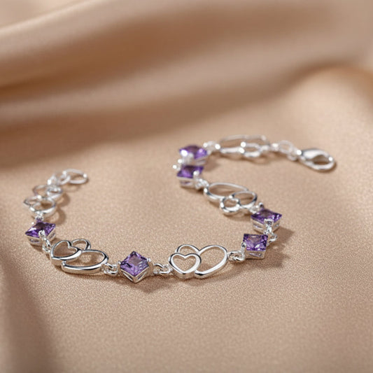 Double Heart Amethyst Bracelet | S925 Sterling Silver
