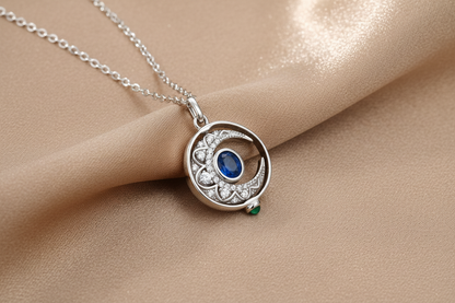 Collier Saphir Naturel Incrusté Femme Design Original Peut Faire Pivoter La Lune I Argent S925