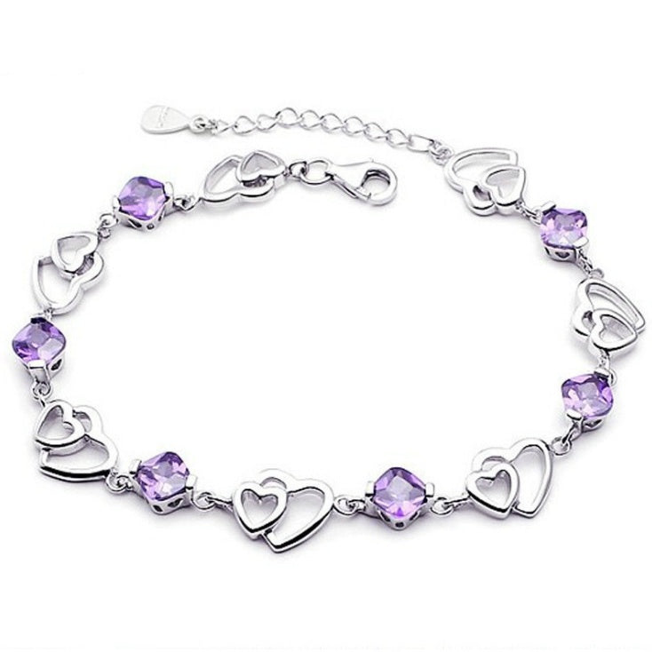 Bracelet Améthyste Double Cœur | Argent Sterling S925