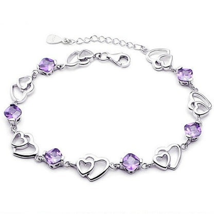 Bracelet Améthyste Double Cœur | Argent Sterling S925