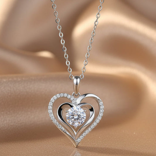 Dual Heart Moissanite Pendant Necklace | S925 Silver Platinum-plated
