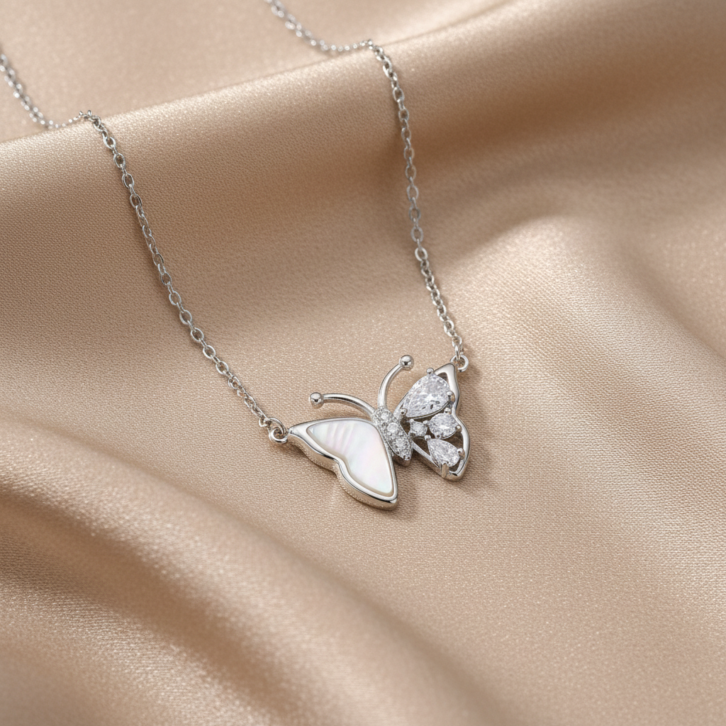 Collier Papillon | Nacre & Pierres Scintillantes | Argent 925