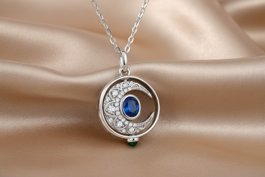 Inlaid Natural Sapphire Rotating Moon Necklace I S925 Sterling Silver
