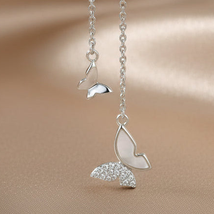 Butterfly Lariat Necklace | Mother-of-Pearl & Pavé | S925 Silver