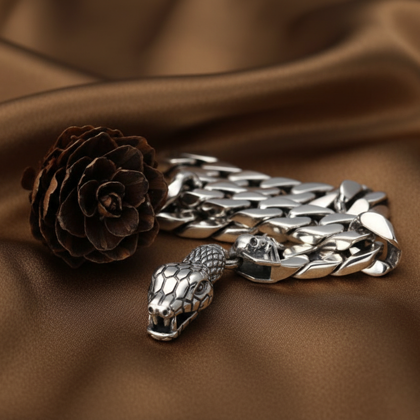 Snake Head Clasp Chain Bracelet | S925 Sterling Silver