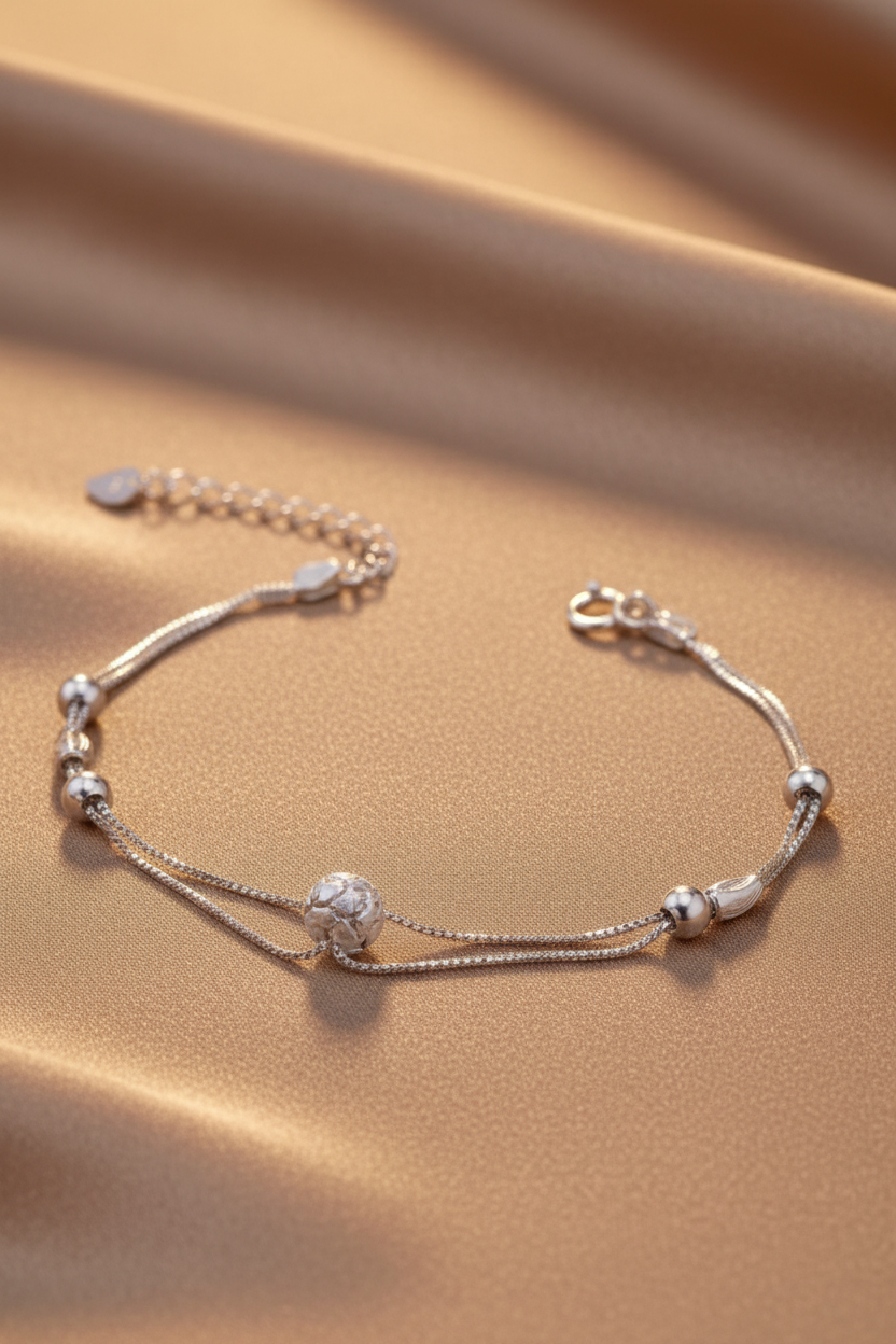 925 Silver Multi-Layer Bracelet - Light Tan Silk