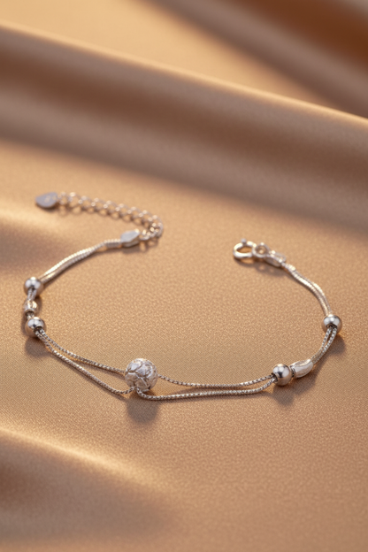 925 Silver Multi-Layer Bracelet - Light Tan Silk