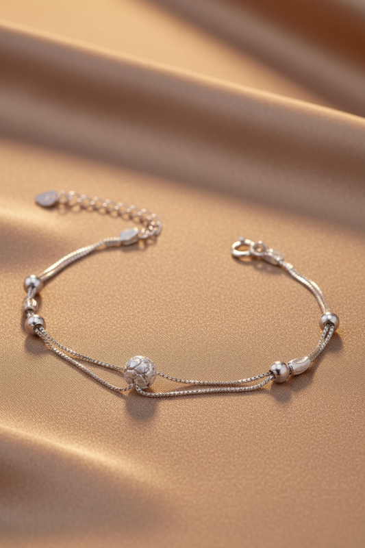 925 Silver Multi-Layer Bracelet - Light Tan Silk