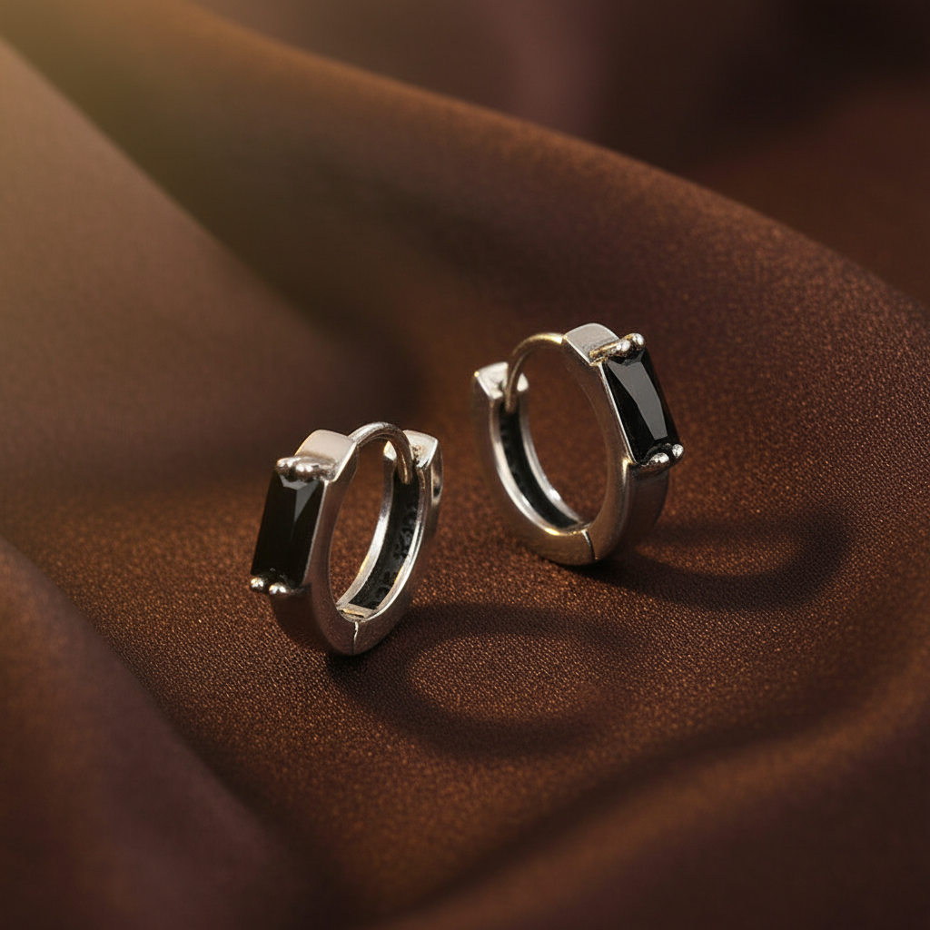 Black Stone Hoop Earrings Angled - Dark Brown Silk