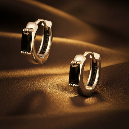 Black Stone Hoop Earrings - Dark Brown Silk