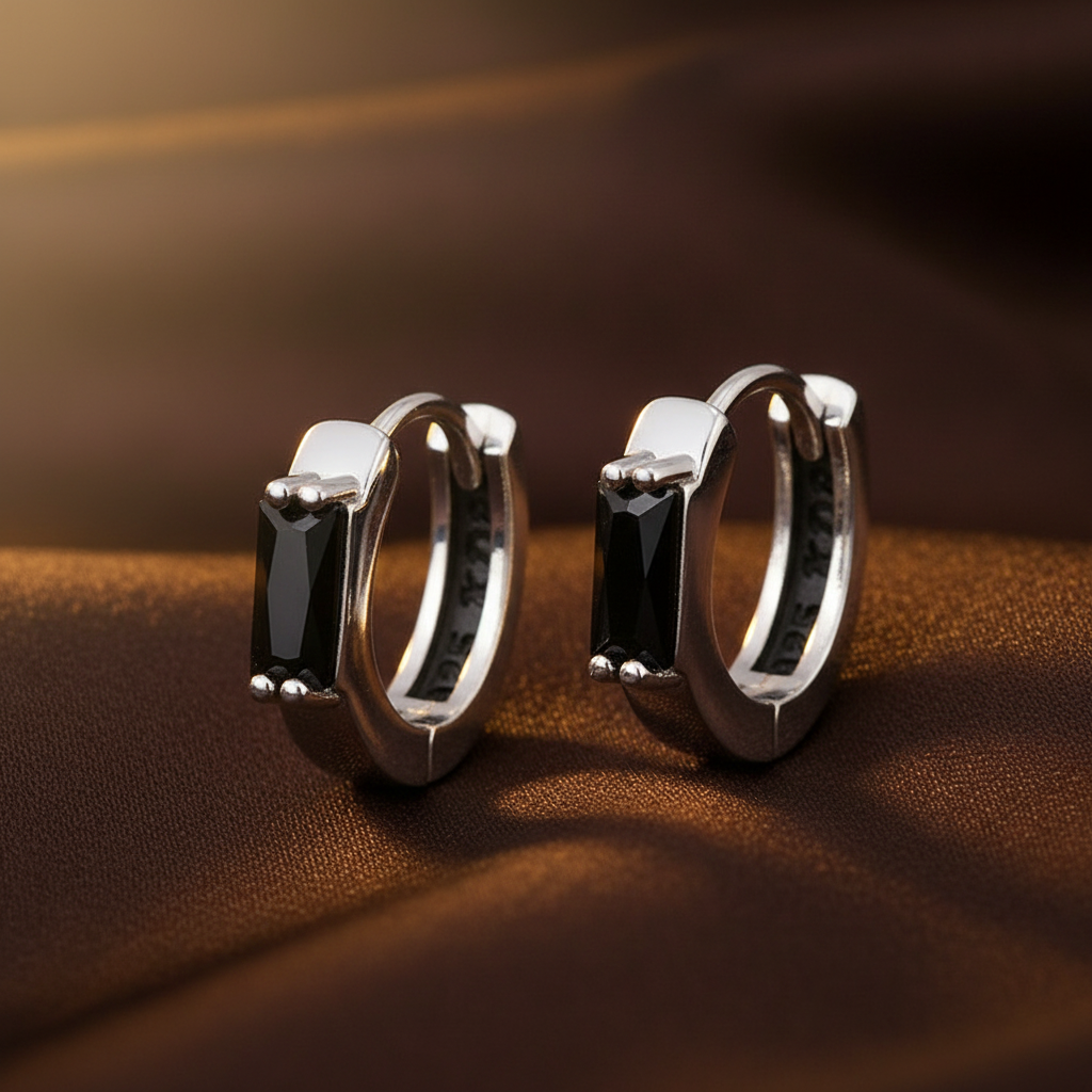 Black Stone Hoop Earrings White - Dark Brown Silk