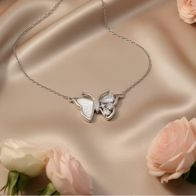 Collier Papillon | Nacre & Pierres Scintillantes | Argent 925