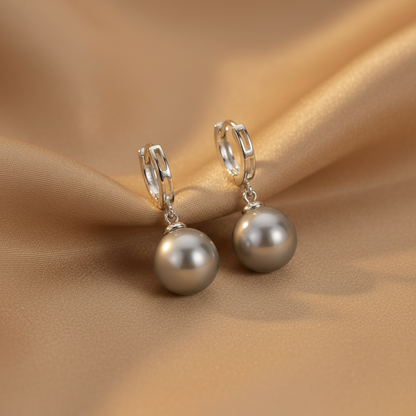 Grey Pearl Drop Hoop Earrings | S925 Sterling Silver