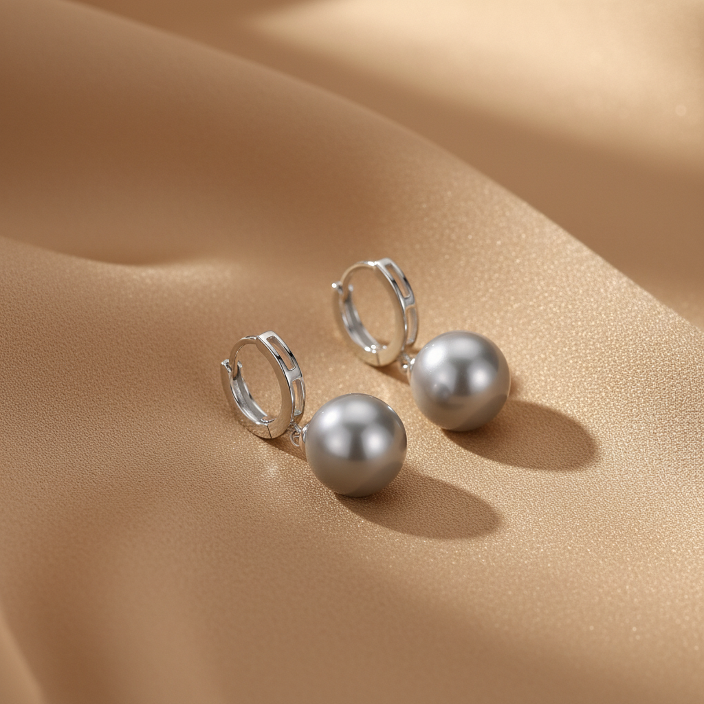 Grey Pearl Drop Hoop Earrings | S925 Sterling Silver