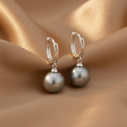 Grey Pearl Drop Hoop Earrings | S925 Sterling Silver