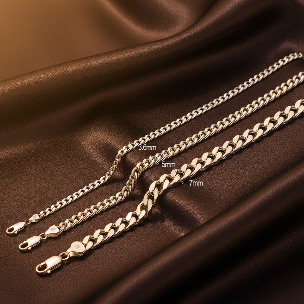 Cuban Chain Width Comparison - Dark Brown Silk