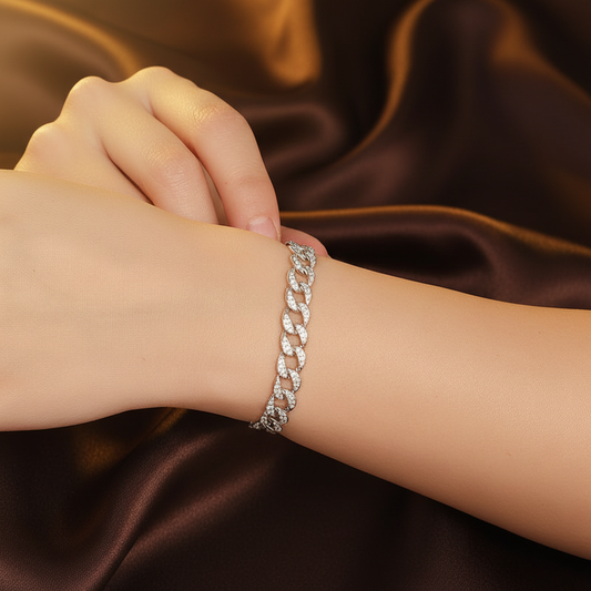 Cuban Link Bracelet on Wrist - Dark Brown Silk