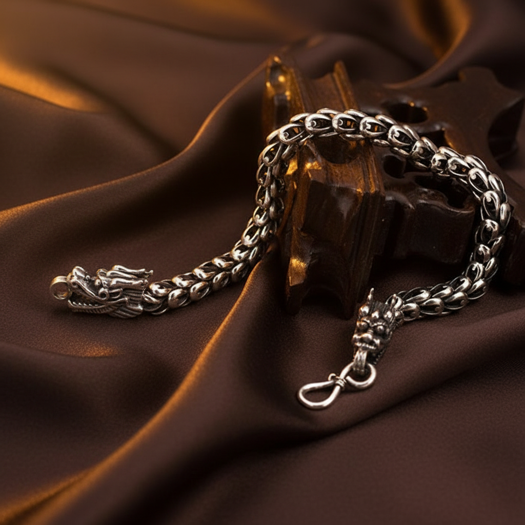 Dragon Bracelet on Stand - Dark Brown Silk