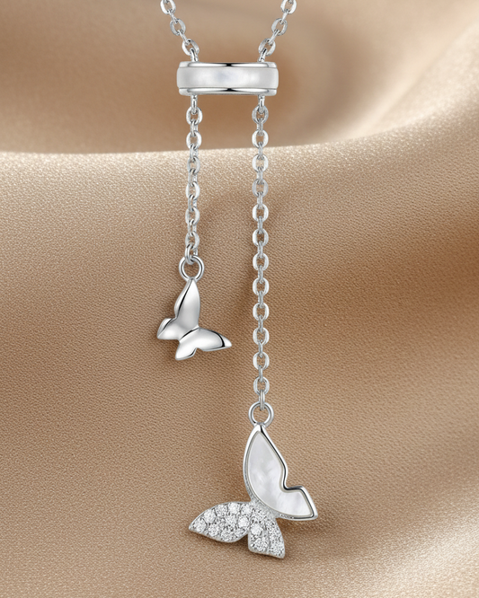 Butterfly Lariat Necklace | Mother-of-Pearl & Pavé | S925 Silver