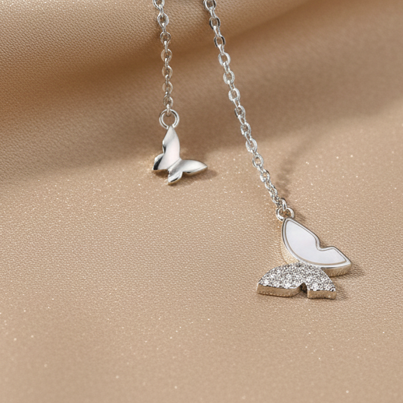 Butterfly Lariat Necklace | Mother-of-Pearl & Pavé | S925 Silver