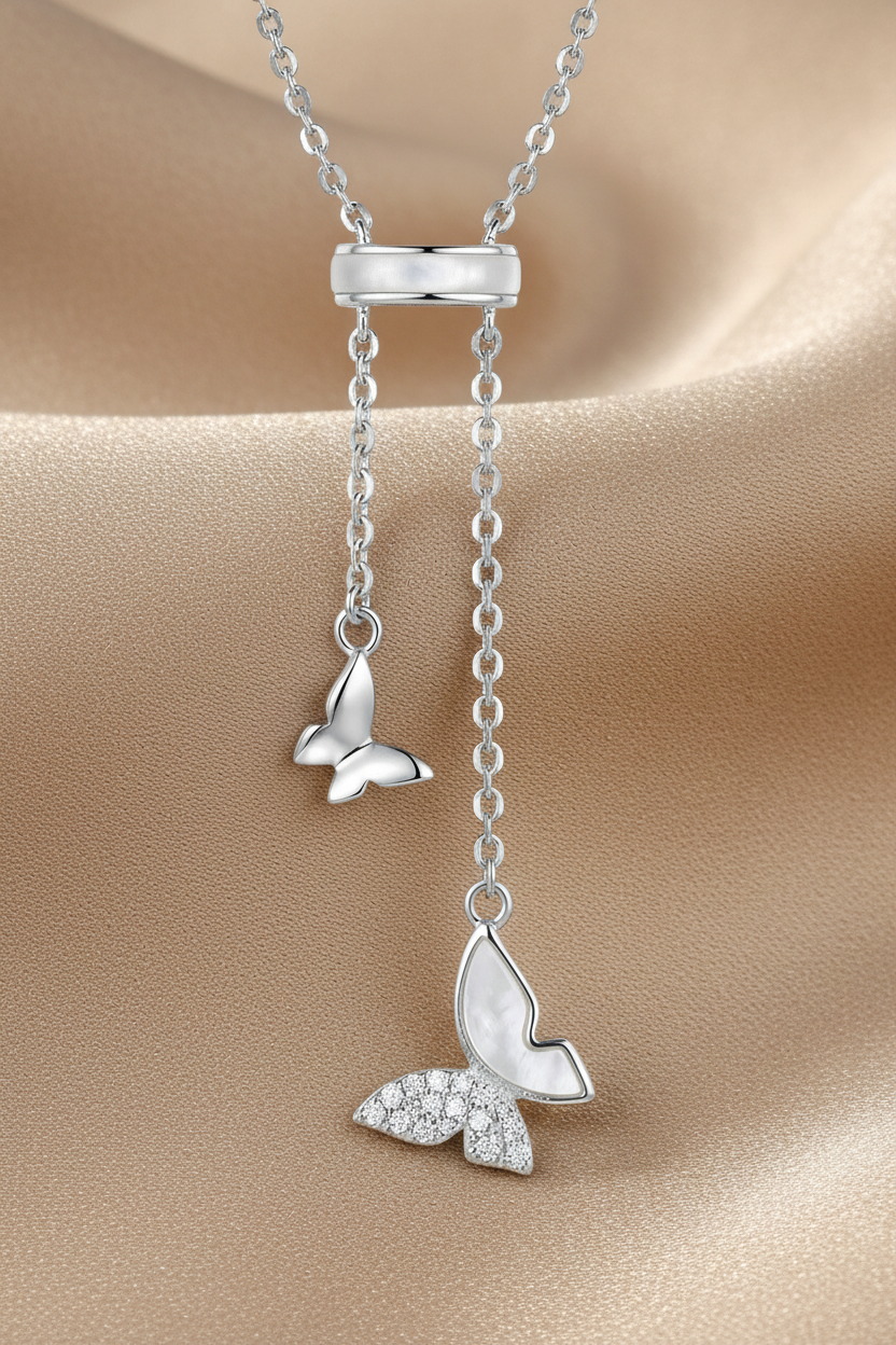Butterfly Lariat Necklace | Mother-of-Pearl & Pavé | S925 Silver