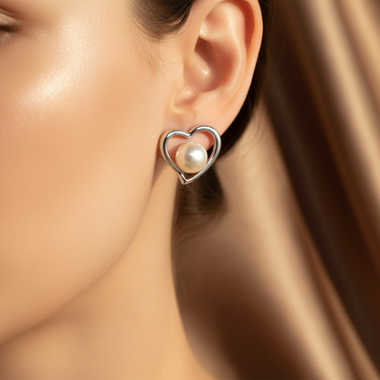 Heart Pearl Stud Earrings | S925 Sterling Silver