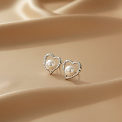 Heart Pearl Stud Earrings | S925 Sterling Silver