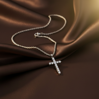 Iced Cross Necklace on Silk - Dark Brown