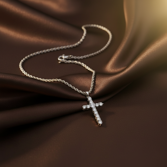 Iced Cross Necklace on Silk - Dark Brown