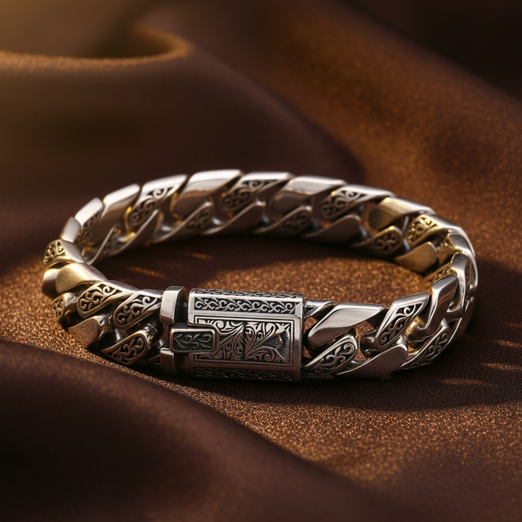 Ornate Cuban Link Bracelet - Dark Brown Silk