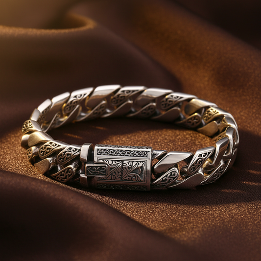 Ornate Cuban Link Bracelet - Dark Brown Silk