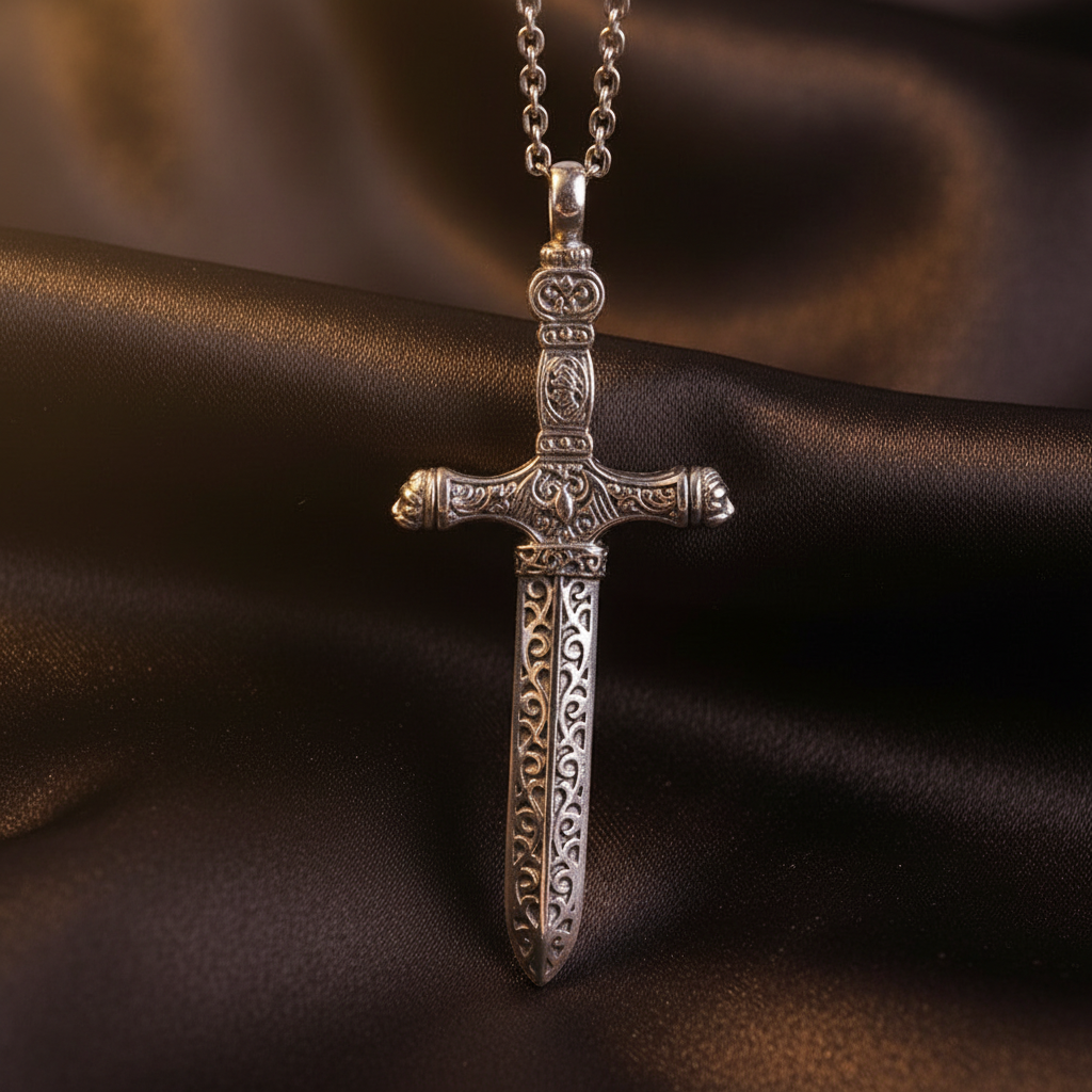Ornate Sword Pendant - Dark Brown Silk