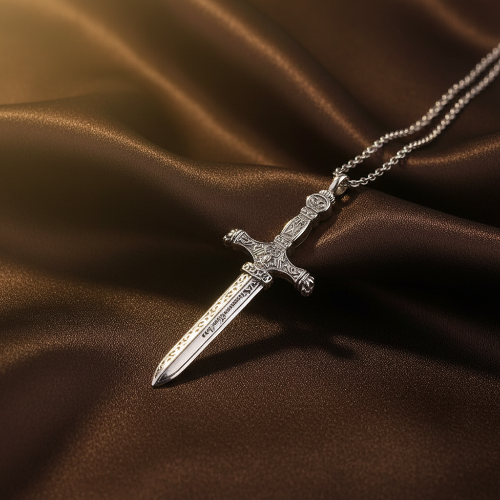 Ornate Sword Pendant Horizontal - Dark Brown Silk