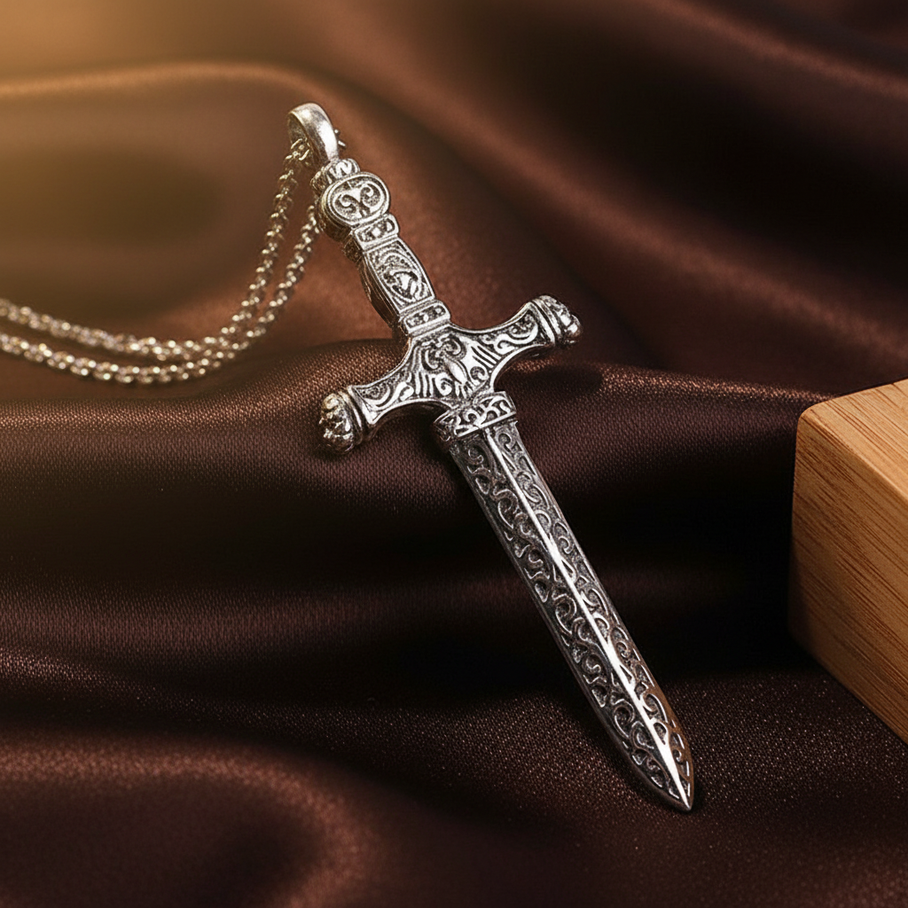 Ornate Sword Pendant on Wood - Dark Brown Silk
