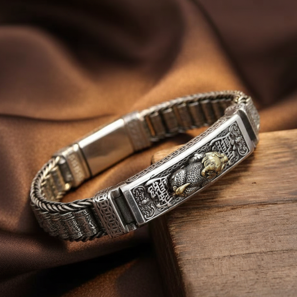 Pixiu Bracelet on Wood - Dark Brown Silk