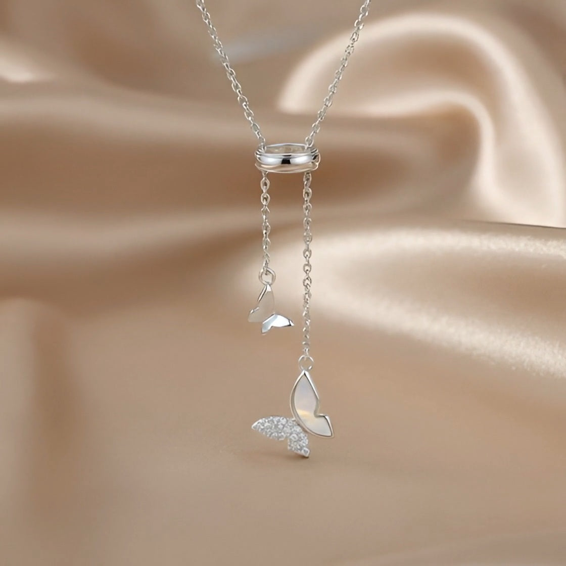 Butterfly Lariat Necklace | Mother-of-Pearl & Pavé | S925 Silver
